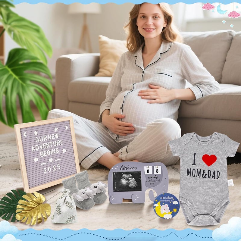 OFUSUY 10 Pcs Pregnancy Announcement Set, Elephant Pregnancy Reveal Ideas Include Felt Letter Board Sonogram Picture Frame Bodysuit Sock Baby Sign and Monstera Leaf for Coming Soon Baby Announcement - Image 5